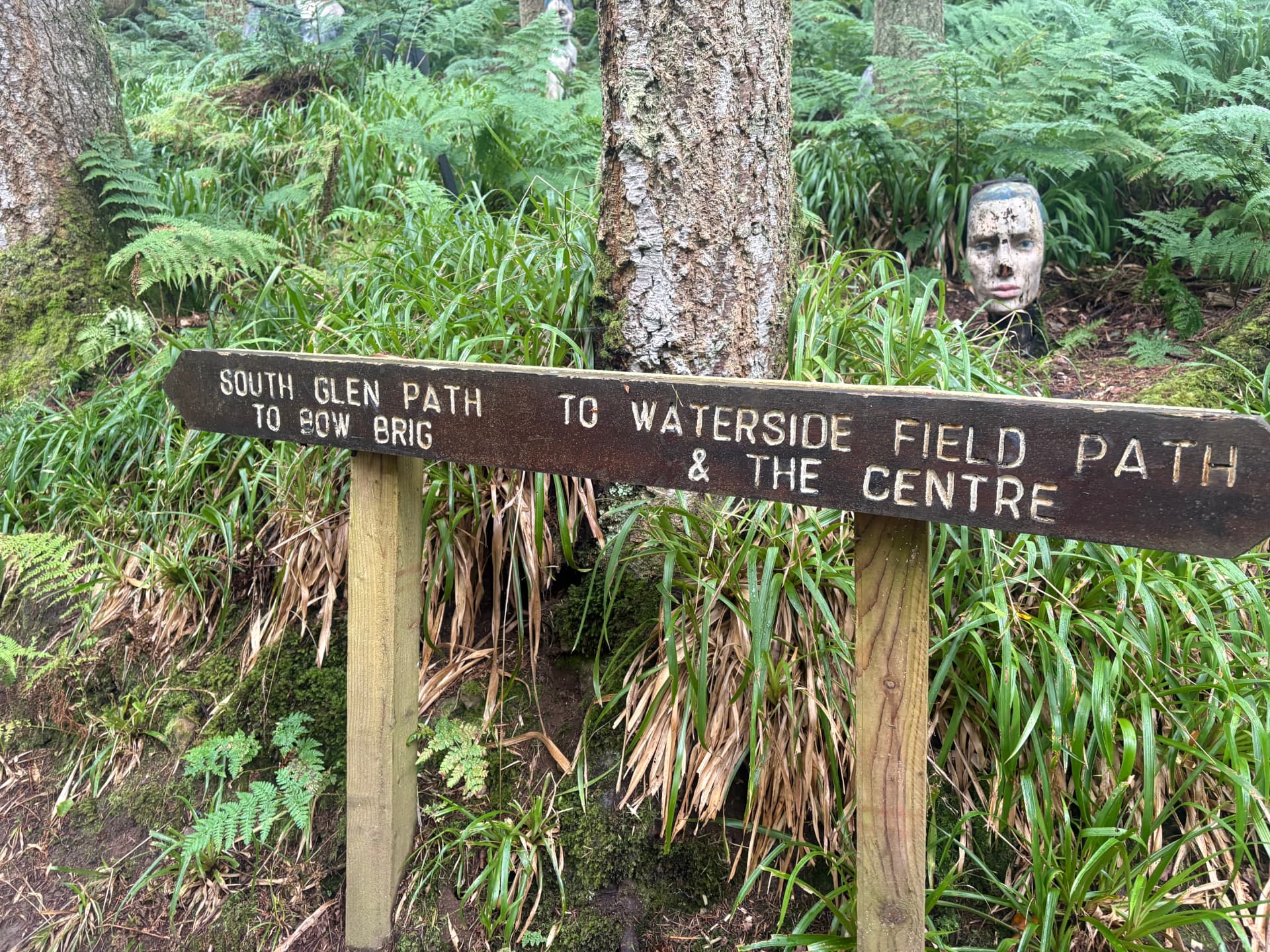 A wooden signpost pointing along the South Glen Path at Kelburn