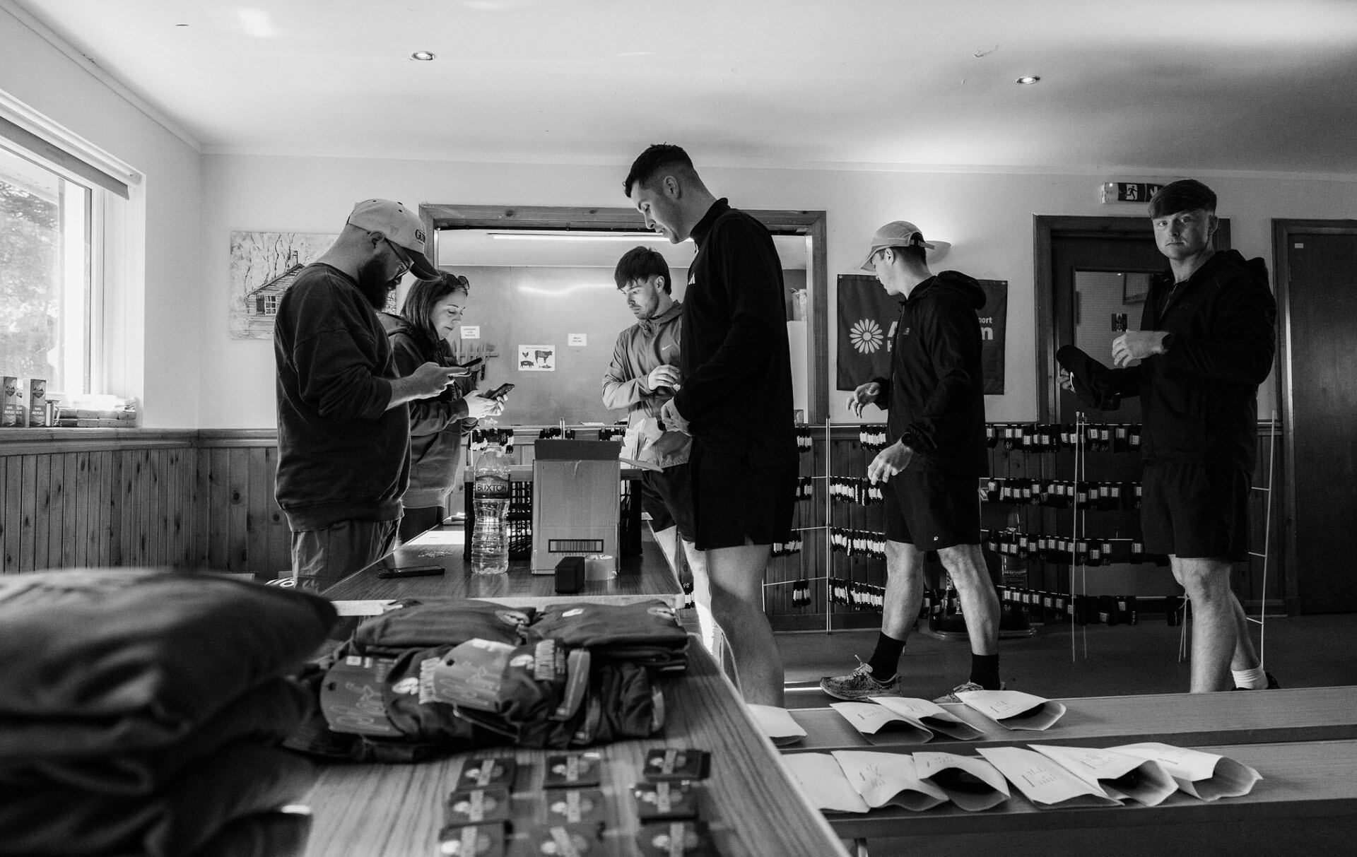 Black and white registration desk before the Witchwood Run