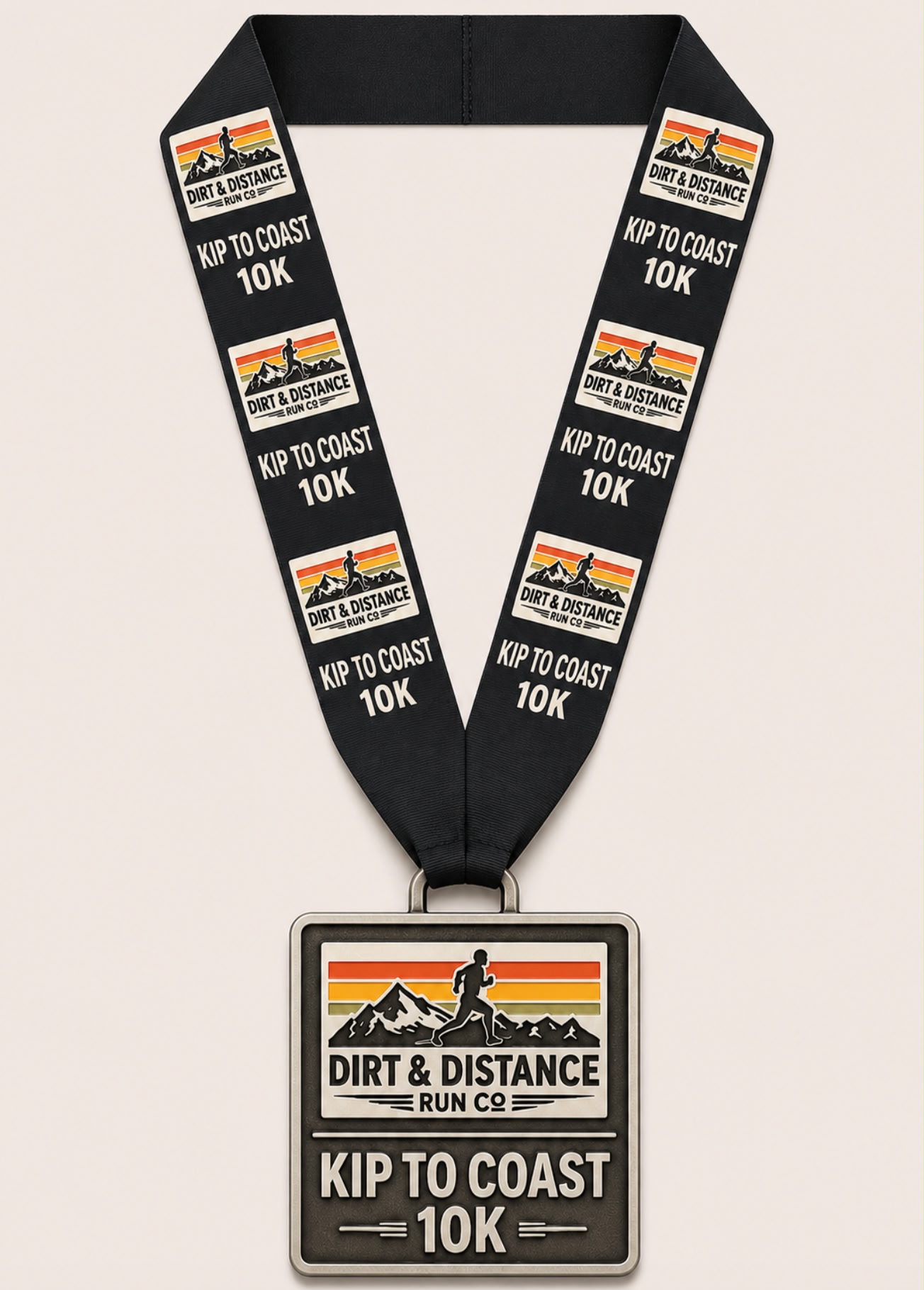 Kip to Coast 10K finisher's medal with black ribbon and Dirt & Distance Run Co branding