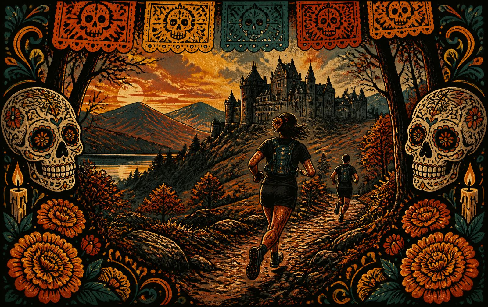 Day of the Dead illustration of runners on a trail below a Scottish castle, framed by marigolds and sugar skulls