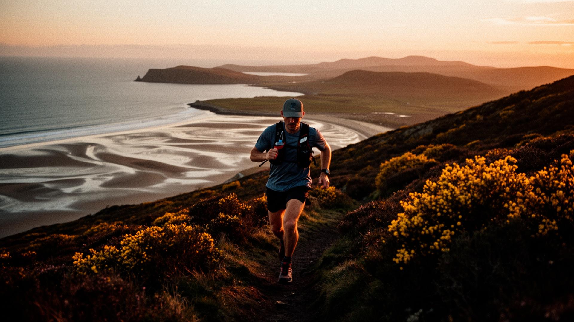 Trail runner cresting a coastal hill at sunset